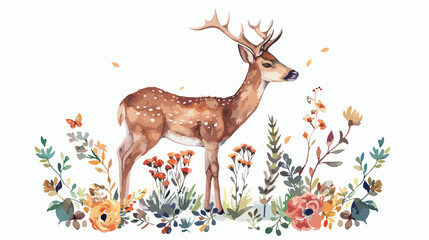  Watercolor Woodland Floral Deer Flat vector