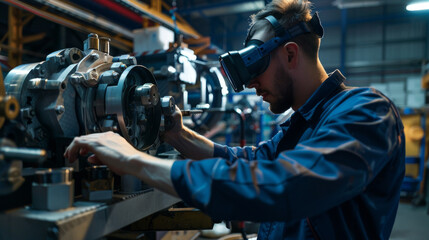 Canvas Print - technician wearing a head-mounted display repairs a complex piece of machinery using remote assistance technology