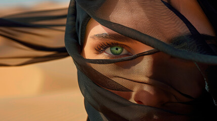 Beautiful eyes of an oriental woman in a black burqa