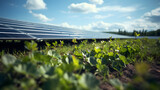 Fototapeta Perspektywa 3d - a field of solar panels with green grass