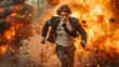   Man in suit and tie sprinting amidst fiery explosions