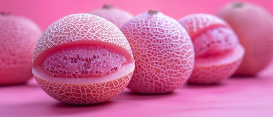 Canvas Print -   A close-up of several fruits on a pink background, showing one cut in half to reveal its interior