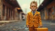   A young lad dons a suit and tie while clutching a suitcase amidst towering structures