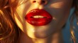   Close-up photo of a woman's face, featuring red lipstick and blowing blonde hair