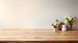 Fototapeta Kwiaty - empty clean wooden kitchen table on table top