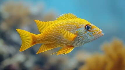   A yellow fish with a blue sky in the background and a coral in the foreground