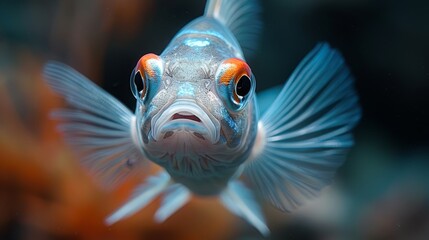   A close-up of a fish with an orange and blue striped face against a black background