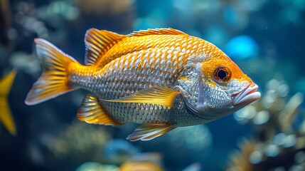   A close-up of a fish in a tank surrounded by various fish in the background water