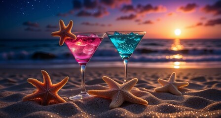 Wall Mural - Glasses with colorful cocktail on the background of the sea