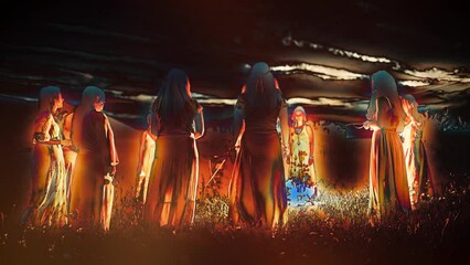 Poster - Women at the night ceremony, artistic effect. Ceremony space. Loop Animation.