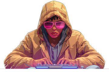 Wall Mural - A 3D animated cartoon render of a hacker wearing a hoodie and sunglasses typing on a glowing computer.