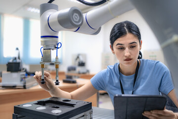 Computer science development engineer working on robotic arm connection and control at electronic futuristic technology center. Hispanic latino people training automation intelligence software system