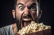 A man with glasses and facial hair is happily eating popcorn