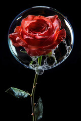 Wall Mural - beautiful red rose inside the soap bubble isolated on black background