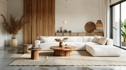 Wall Mural - Modern living room interior with wooden accents, neutral tones, and minimalist design.