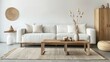 © AdibaZR - Modern living room interior with white sofa, wooden furniture, and neutral decor.