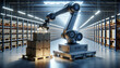 A modern robotic arm performing the painstaking work of stacking boxes on pallets. A smart warehouse, where the accuracy and efficiency of automation in logistics. This industrial enterprise is a robo