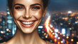 A woman with a wide, heartfelt smile and eyes sparkling with joy. The background features a blurred cityscape at dusk with plenty of space for text.