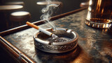 Fototapeta  - A cigarette lies on the edge of the ashtray. A thin stream of smoke rises from the cigarette.