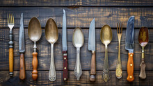 Vintage Cutlery Set On Wooden Table Background Top View.