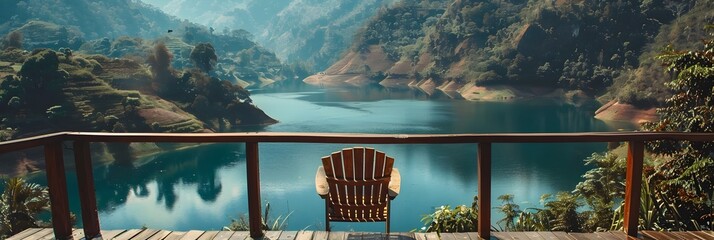 Canvas Print - Breathtaking Mountain Lake Retreat with Wooden Deck and Scenic Landscape Reflection