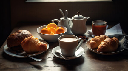 Wall Mural - Breakfast with coffee, croissants and oranges on wooden table