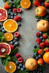 Wall Mural - Top view with fresh berries and citruses