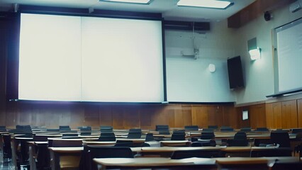 Wall Mural - The stillness of the lecture hall captured through the lens of a camera the untouched whiteboard and projector screen reflecting the quietness of the room.