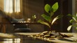 Gold coins, money, and a green plant showcased in a minimalist office space. A modern office features gold coins and a green plant symbolizing financial growth.
