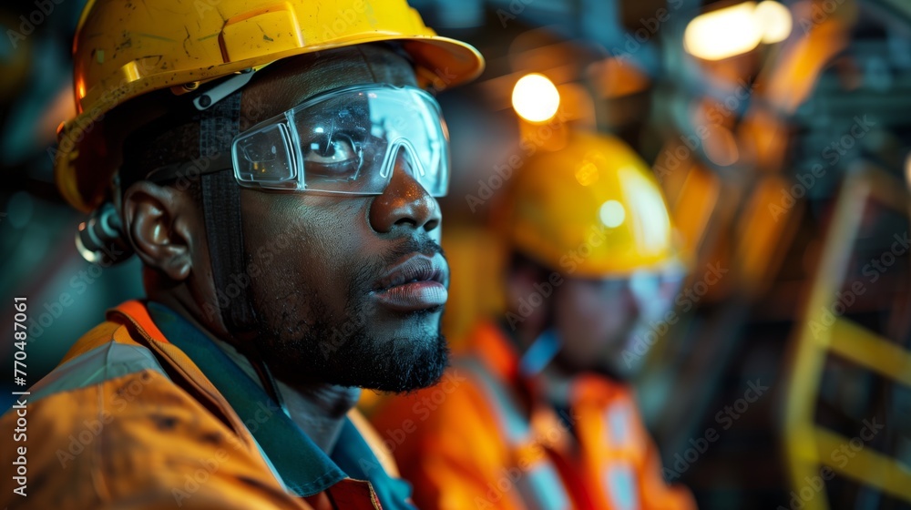 Photo Stock Concentrated Oil Rig Worker with Safety Helmet. Intensely ...