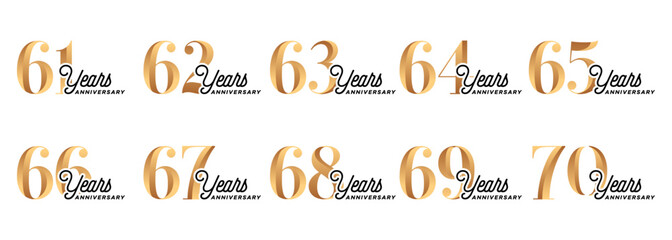 Wall Mural - set of anniversary logos from 61 year to 70 years with gold numbers on a white background for celebratory moments,celebration event.