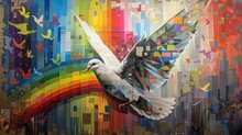 Urban Wall With Vibrant Graffiti Showcasing Symbols Of Peace. Colored Rainbow Flag, The Iconic Peace Sign, And A White Dove In Flight. Street Art. AI Generated