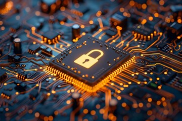 microchip with embedded padlock symbol signifying importance of digital encryption and cybersecurity