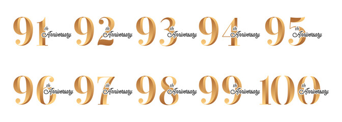 Wall Mural - set of anniversary logos from 91 year to 100 years with gold numbers on a white background for celebratory moments,celebration event.