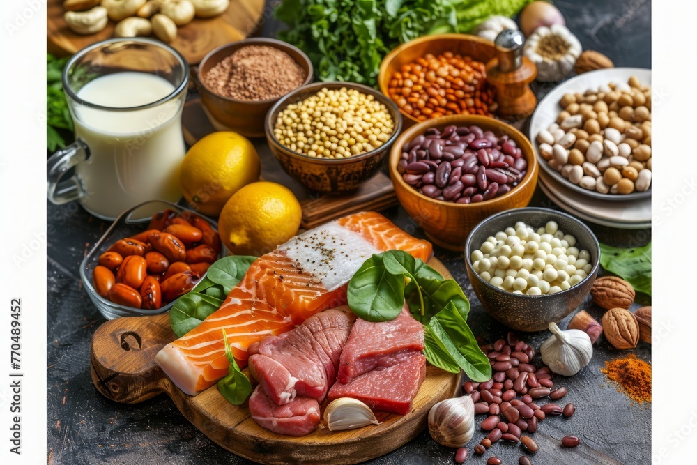 Assorted Healthy Protein Sources with Meat, Fish, Dairy, and Plant ...