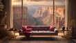 an imaginative scene where a luxurious sofa set is placed on a platform overlooking a scenic canyon, illustrating the harmonious blend of comfort and the grandeur of nature