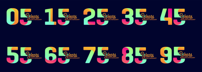 Wall Mural - collection of anniversary logos from 15 years to 95 years with colorful modern numbers on black background for celebratory moments, celebratory events.