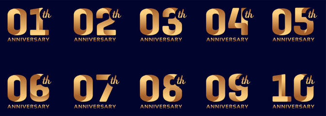 Wall Mural - set of anniversary logos from 1 year to 10 years with gold numbers on a black background for celebratory moments