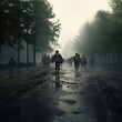 A diverse group of individuals and soldiers walk solemnly down a rain-soaked street, their figures blurred by the heavy downpour. Generative AI