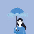 A person stands under an umbrella that paradoxically releases a cloud and rain over her head, symbolizing personal gloom despite protection.

