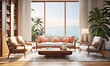 Interior of modern living room with tropical view, 3d render