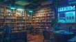 An inviting digital illustration of a cozy nighttime bookstore, bathed in the warm glow of neon lights and lined with bookshelves. lofi anime cartoon Cozy Bookstore Interior at Night with Neon Sign

