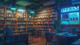 Fototapeta  - An inviting digital illustration of a cozy nighttime bookstore, bathed in the warm glow of neon lights and lined with bookshelves. lofi anime cartoon Cozy Bookstore Interior at Night with Neon Sign

