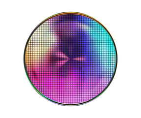 Bright rainbow silicon wafer with microchip cells on white. Microelectronic polycrystalline integrated circuits for computer chips. Vector illustration with gradient mesh