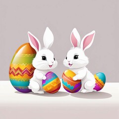 Vector cute two little bunnies with easter egg