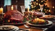 A festive holiday dinner table with a glazed ham centerpiece, surrounded by side dishes and Christmas decorations, exudes a warm, cozy atmosphere.