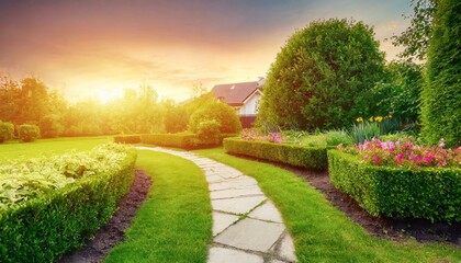 country lane in the morning natural landscape Beautiful manicured lawn and flowerbed with deciduous shrubs on private plot and track to house against backlit bright warm sunset evening light on backgr