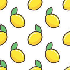 Sticker - Lemons vector seamless pattern. Yellow citrus fruits and green leaves with black outline on white background. Best for textile, wallpapers, wrapping paper, package and web design.