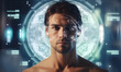 Handsome shirtless man using futuristic digital interface. Technology concept
