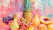 Pastel fruit illustration peach, grapes, pineapple, pomegranate, pear. Abstracted collage of fruit with patterns and textures